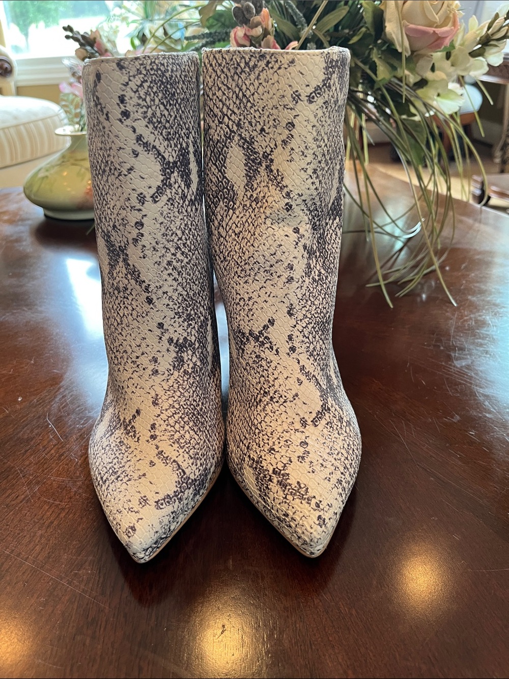 Dolce Vita Snake-Print Pointed Toe Ankle Boots in Cream and Black